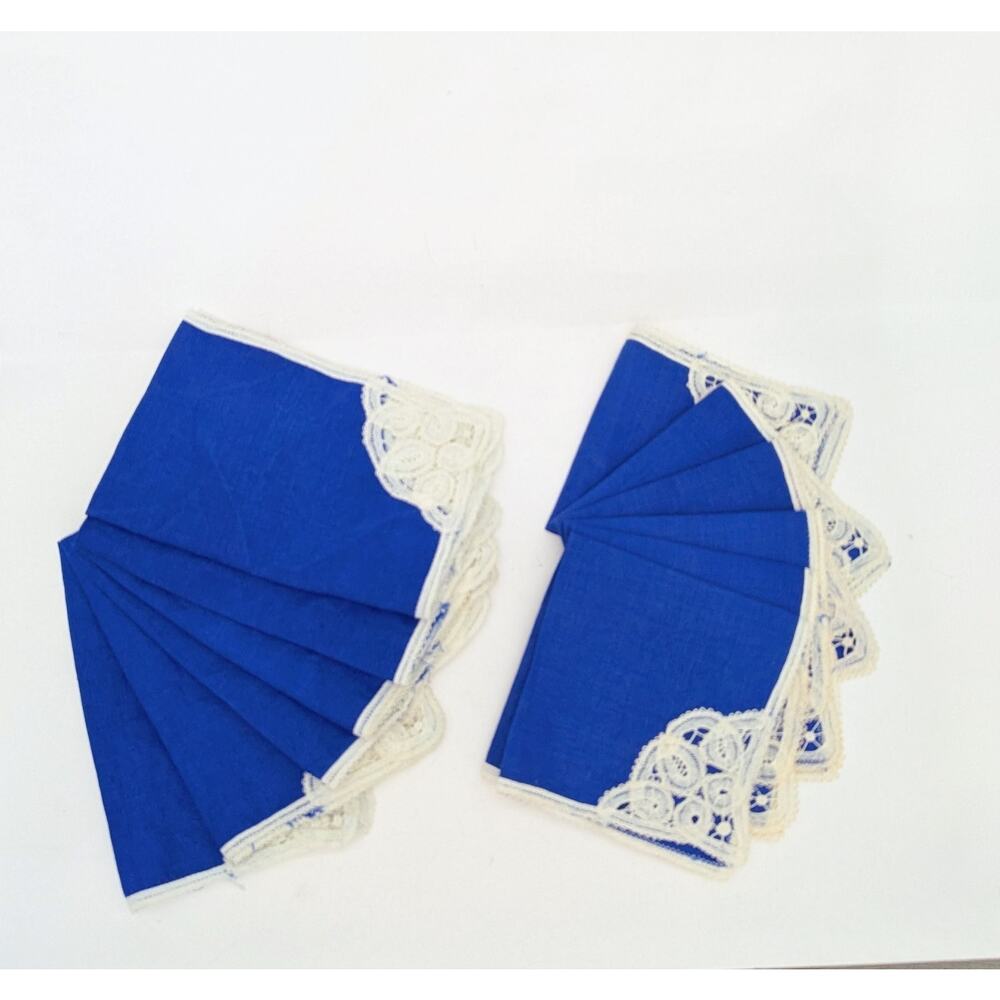 Set of 12 Vintage Royal BlueHostess Brussells Lace Cocktail Dinner Napkins